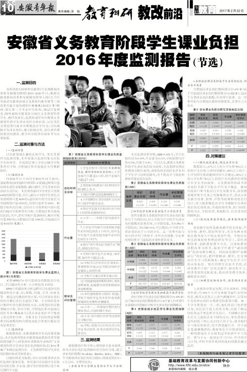 安徽青年报系列报道(五十六):安徽省义务教育阶段学生课业负担2016年度监测报告（节选）